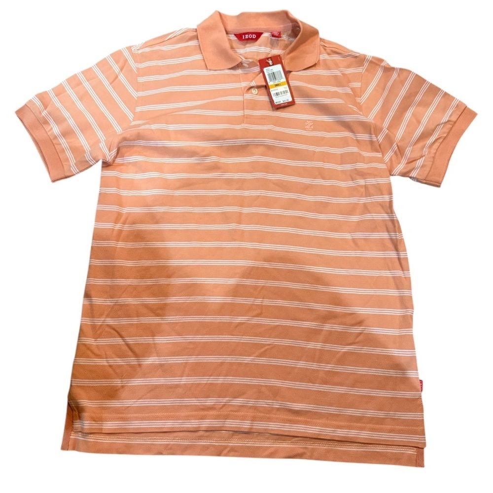 Izod Coral striped Polo Shirt with White Stripes Mens Size small. NWT